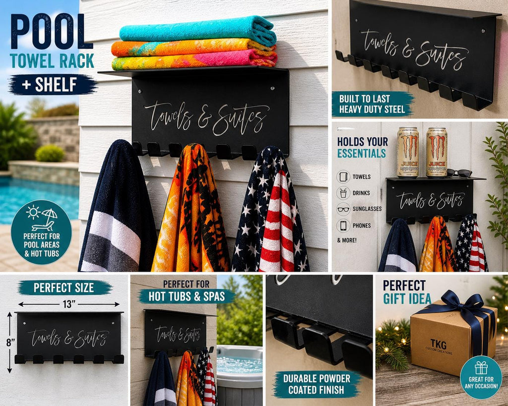 Pool Towel Rack with Shelf Aluminum Sign — front view on white background