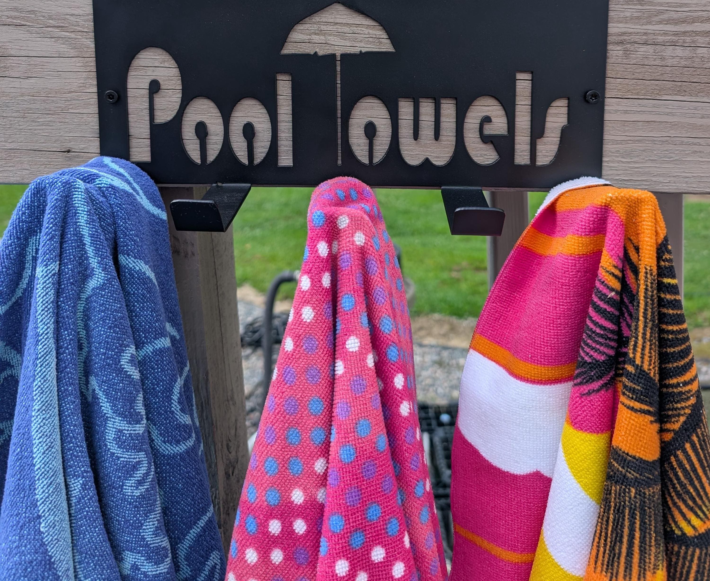 Pool Towel Rack with Shelf Aluminum Sign — lifestyle setting