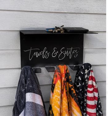 Pool Towel Rack with Shelf Aluminum Sign — alternate angle