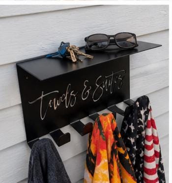 Pool Towel Rack with Shelf Aluminum Sign — alternate angle