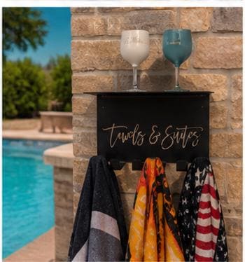 Pool Towel Rack with Shelf Aluminum Sign — alternate angle