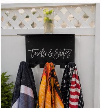 Pool Towel Rack with Shelf Aluminum Sign — alternate angle