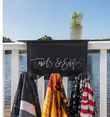 Pool Towel Rack with Shelf Aluminum Sign — alternate angle