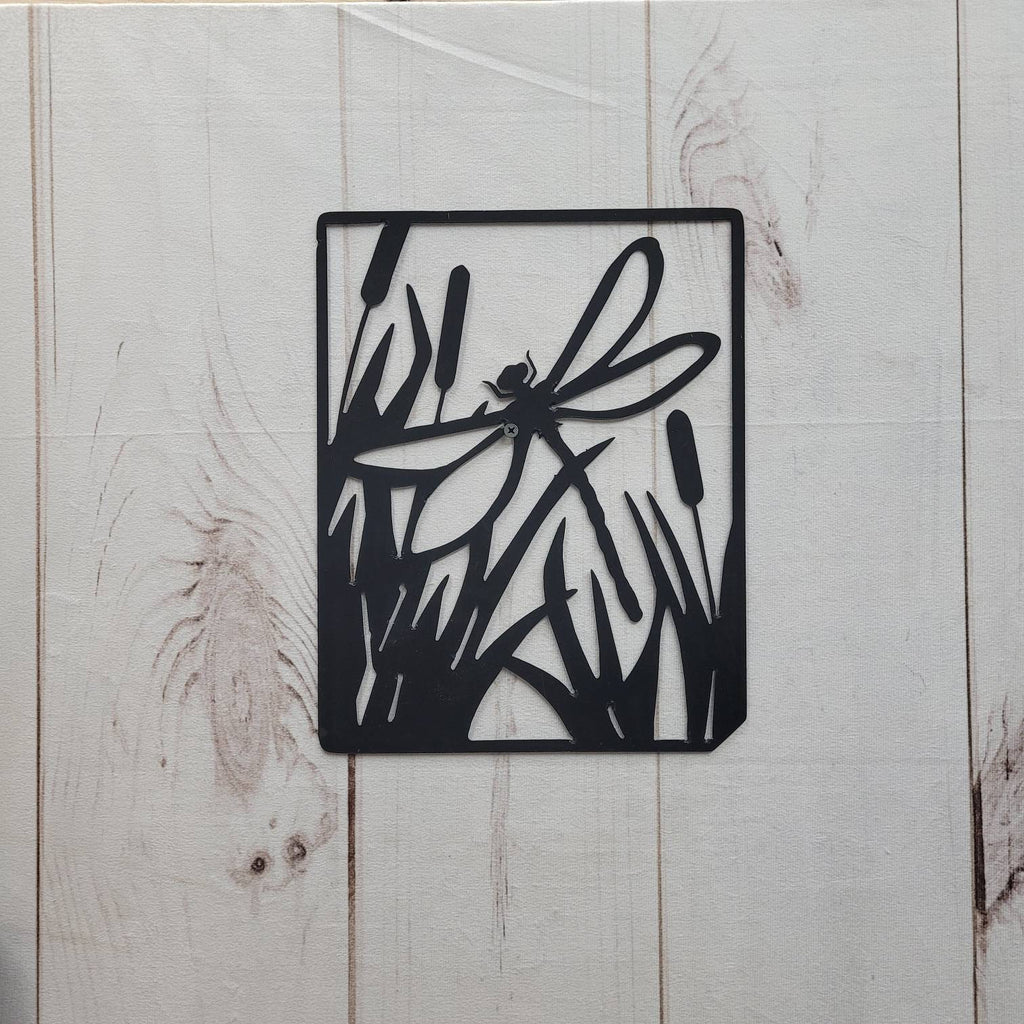 Dragonfly Metal Garden Stake Metal Garden Stake — shown on a rustic wall