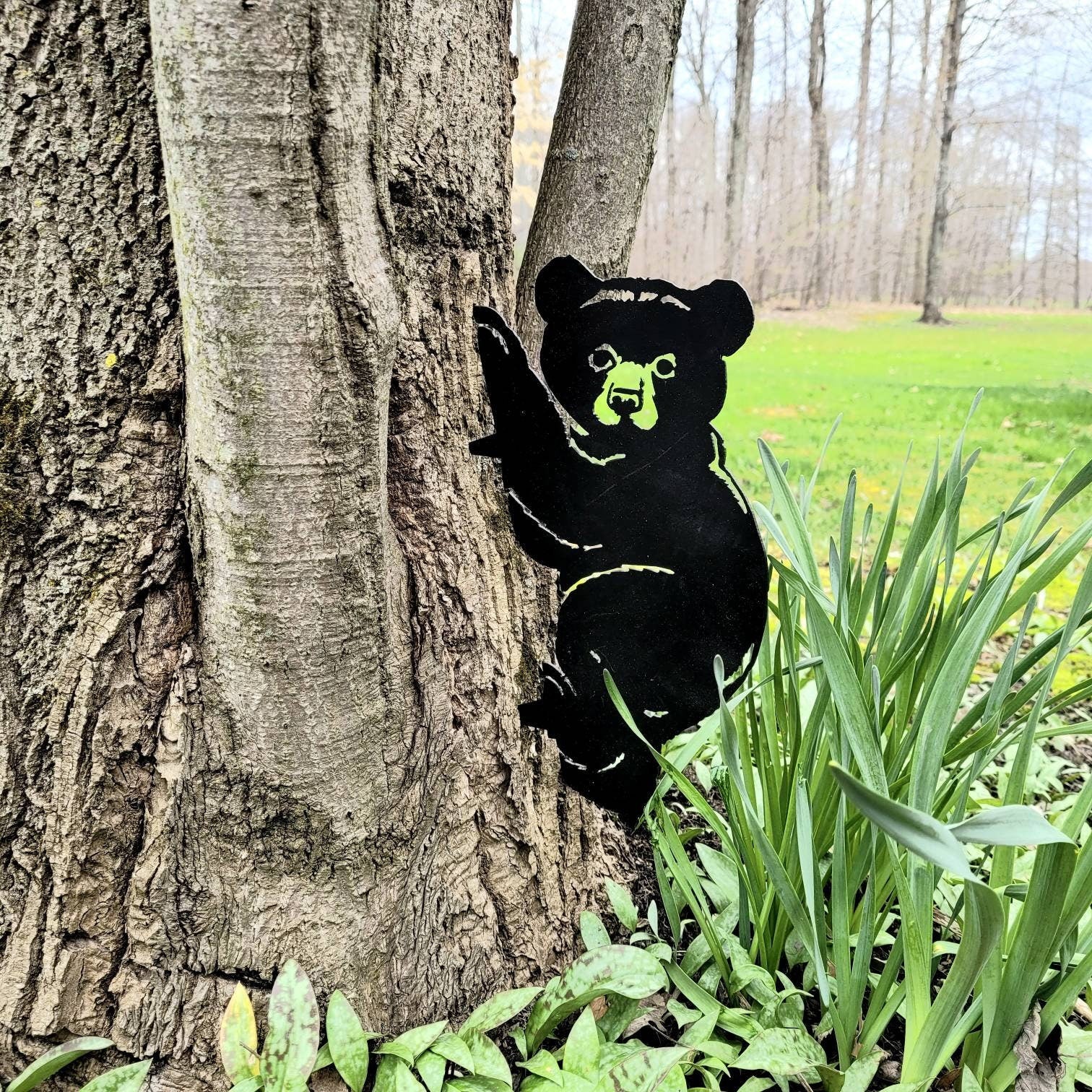 Black Bear Cub Metal Garden Stake Metal Garden Stake — front view on white background
