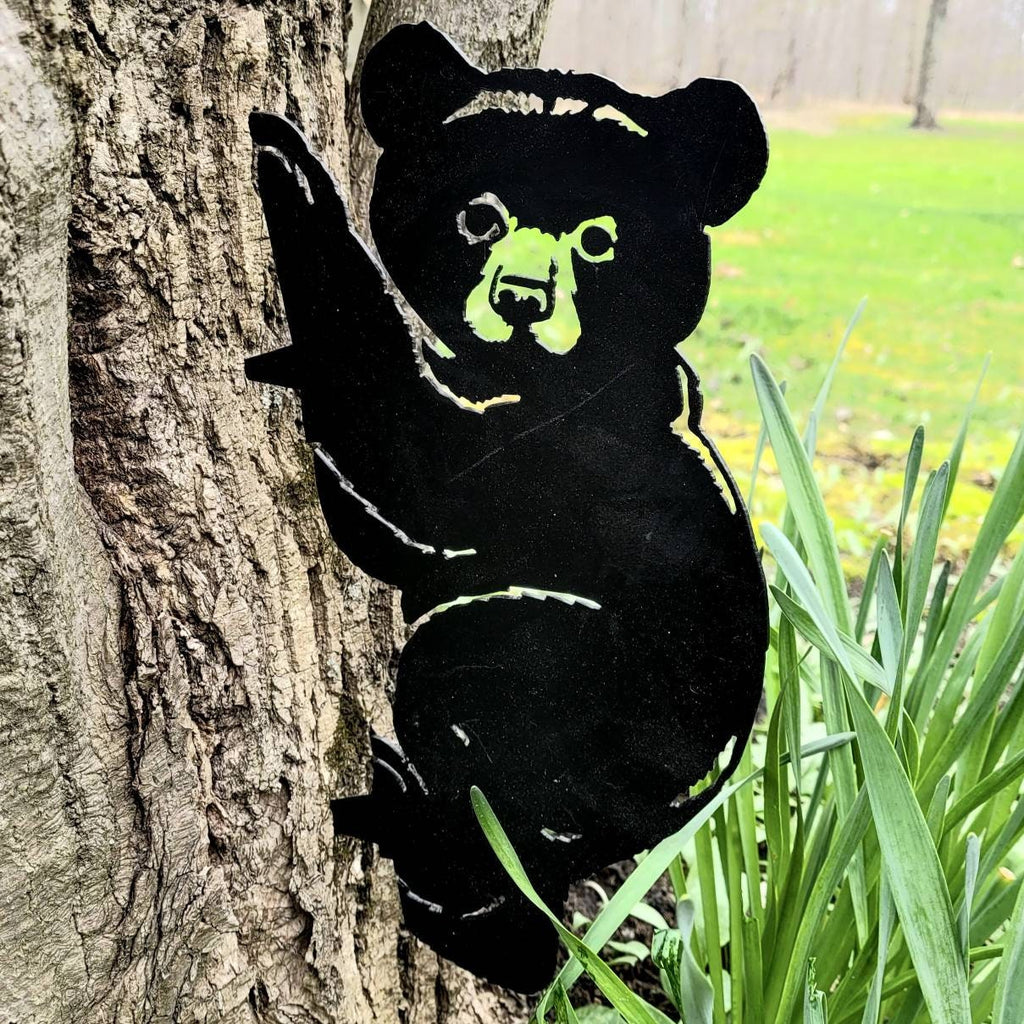 Black Bear Cub Metal Garden Stake Metal Garden Stake — lifestyle setting