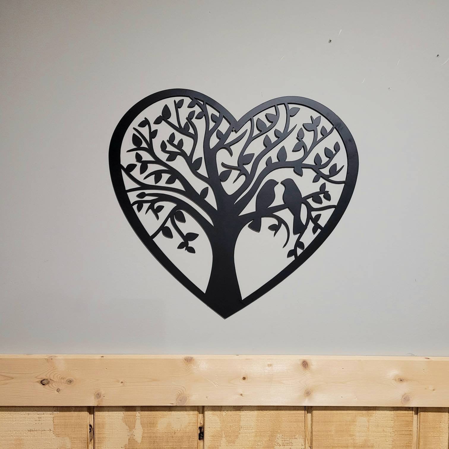 Heart Tree of Life Metal Wall Sign Aluminum Sign — shown on a rustic wall