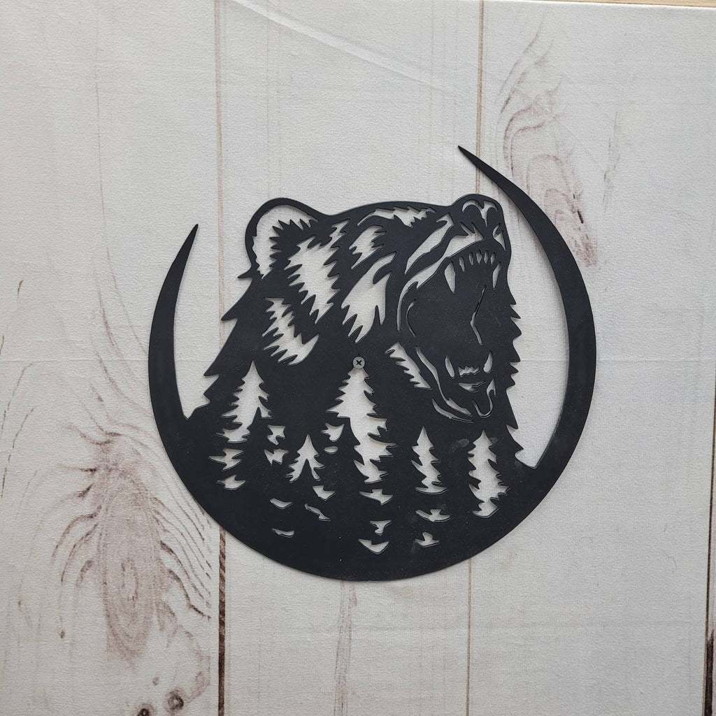 Black Bear Metal Wall Art Aluminum Sign — shown on a rustic wall