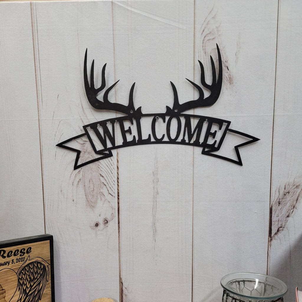 Deer Antler Welcome Garden Stake Metal Garden Stake — lifestyle setting