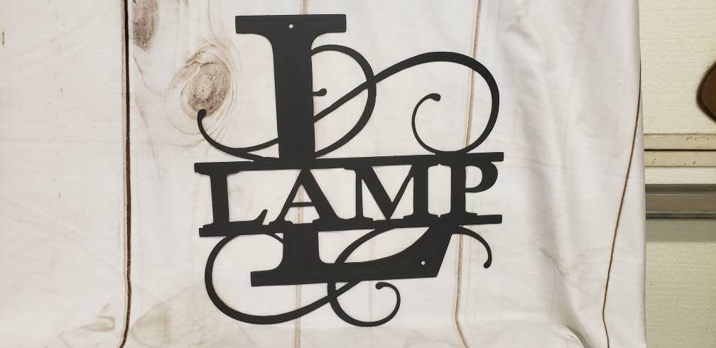 Custom Metal Monogram Sign Aluminum Sign — shown on a rustic wall