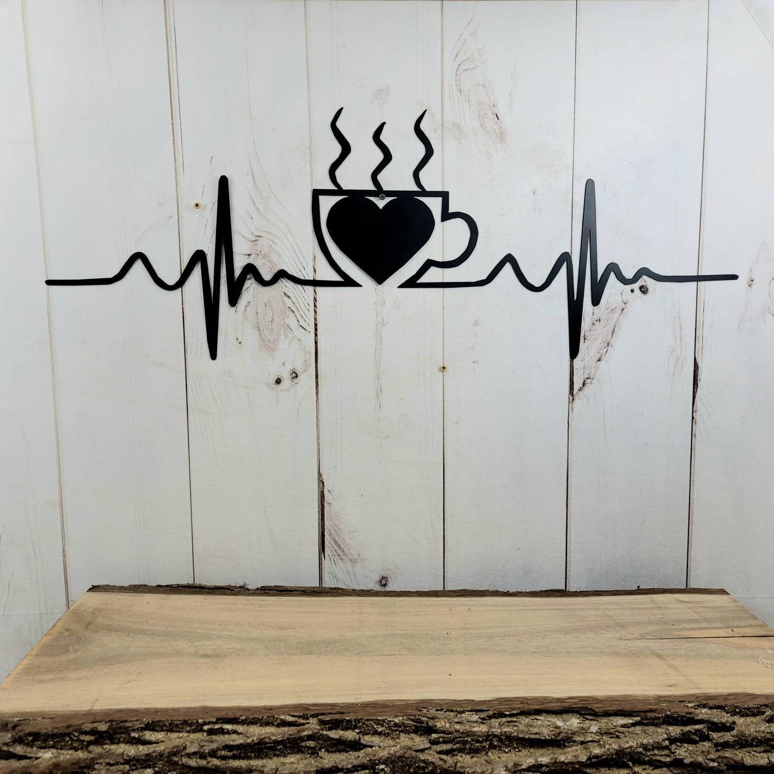 Coffee EKG Metal Wall Sign Aluminum Sign — shown on a rustic wall