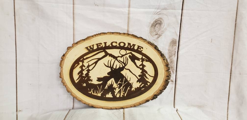 Live Edge Deer Welcome Sign Wood Sign — front view on white background