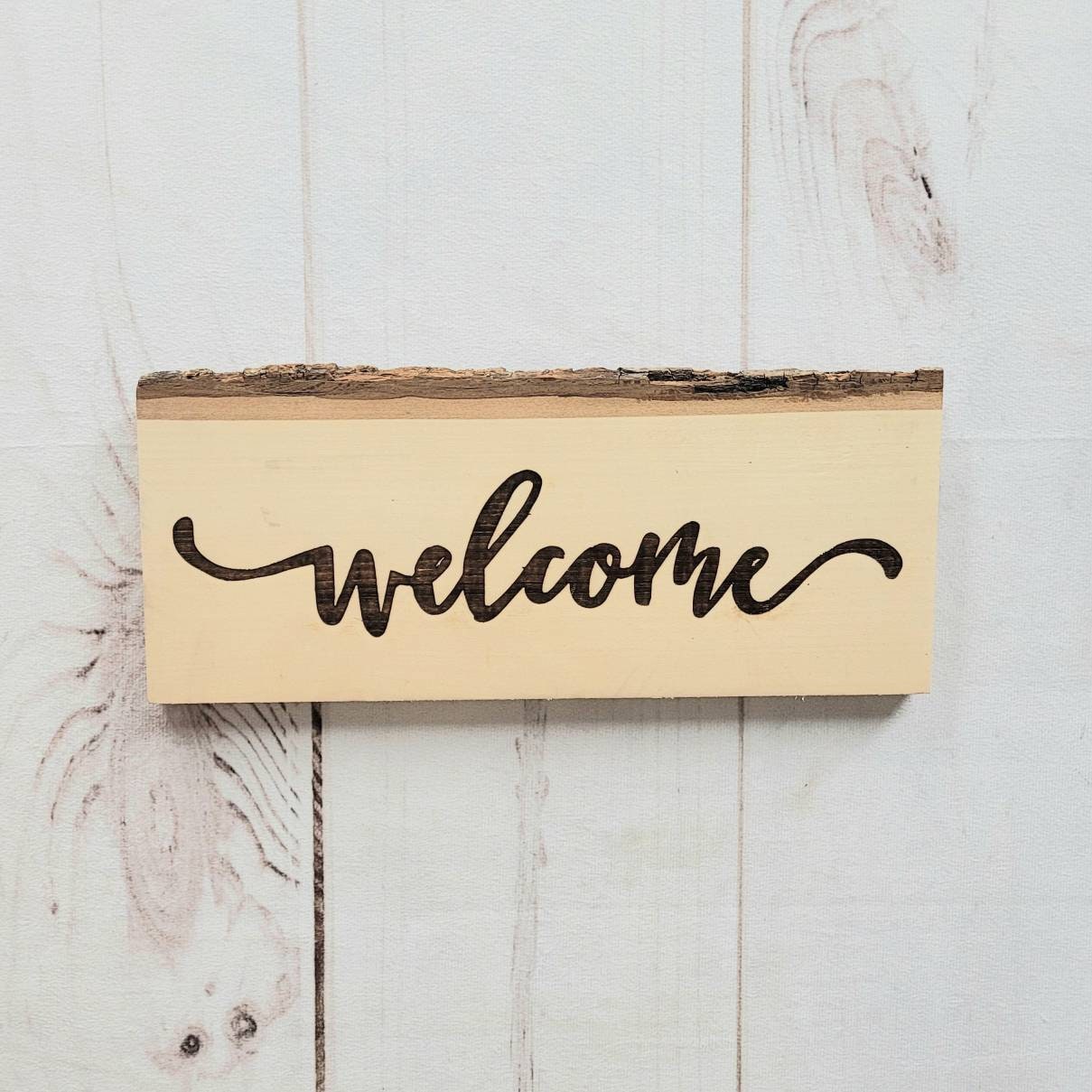 Rustic Live Edge Welcome Sign Wood Sign — front view on white background