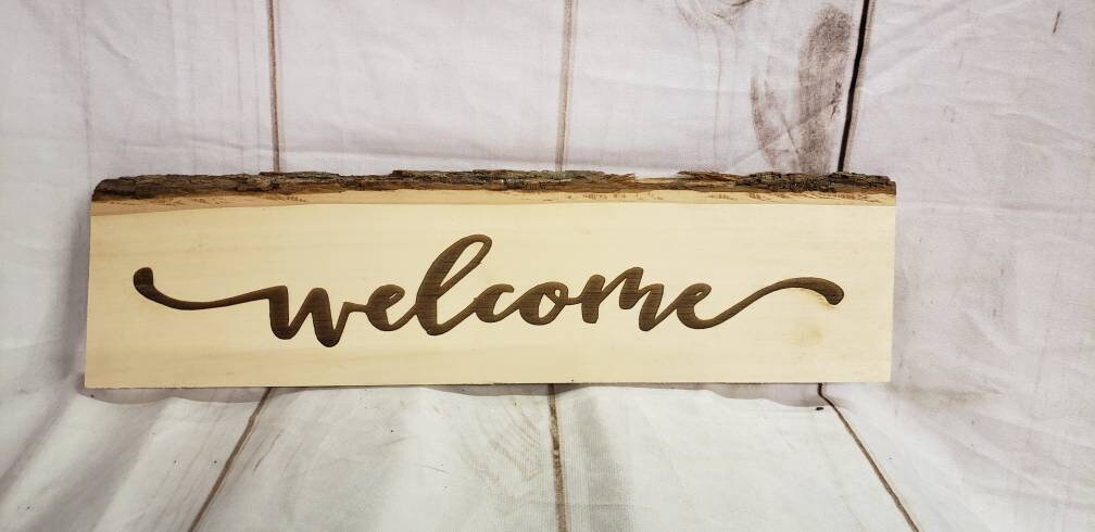 Rustic Live Edge Welcome Sign Wood Sign — detail view