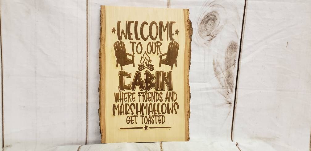 Live Edge Wood Cabin Sign Wood Sign — front view on white background