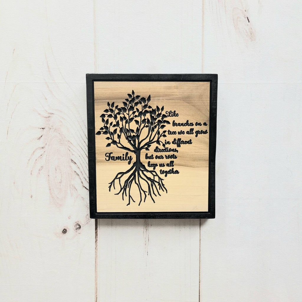 Family tree solid wood carved wall hanging ho Wood Sign — front view on white background