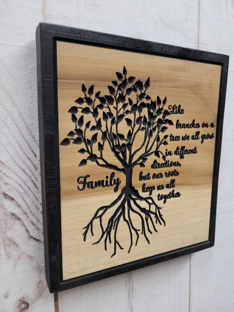 Family tree solid wood carved wall hanging ho Wood Sign — detail view
