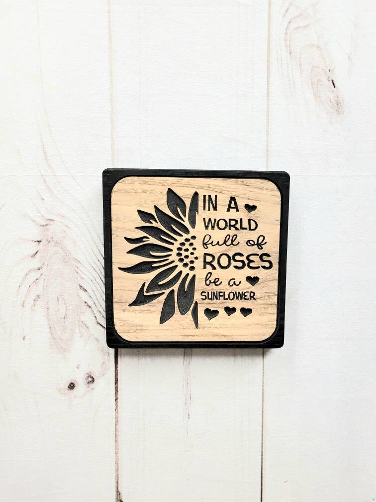 Sunflower Wood Carved Sign Wood Sign — front view on white background