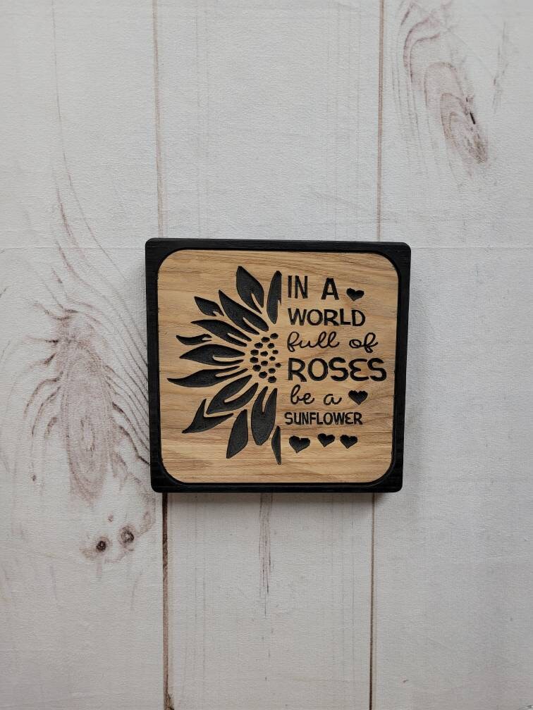 Sunflower Wood Carved Sign Wood Sign — shown on a rustic wall