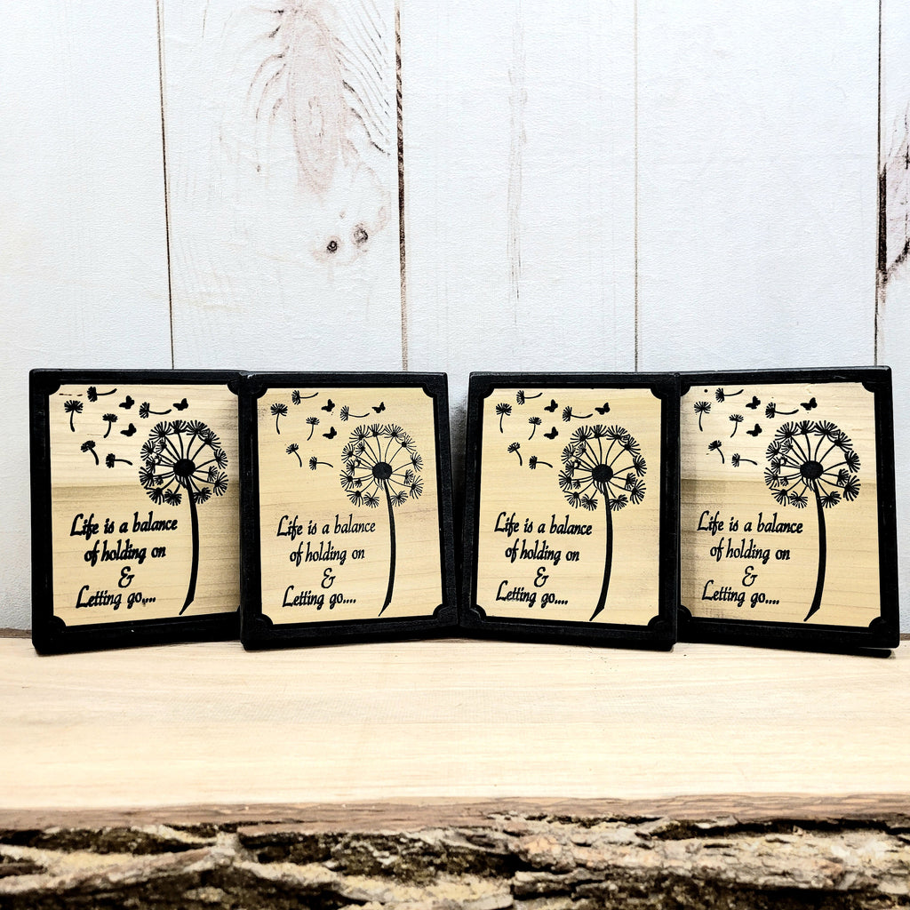 Dandelion Wood Carved Wall Art Wood Sign — shown on a rustic wall