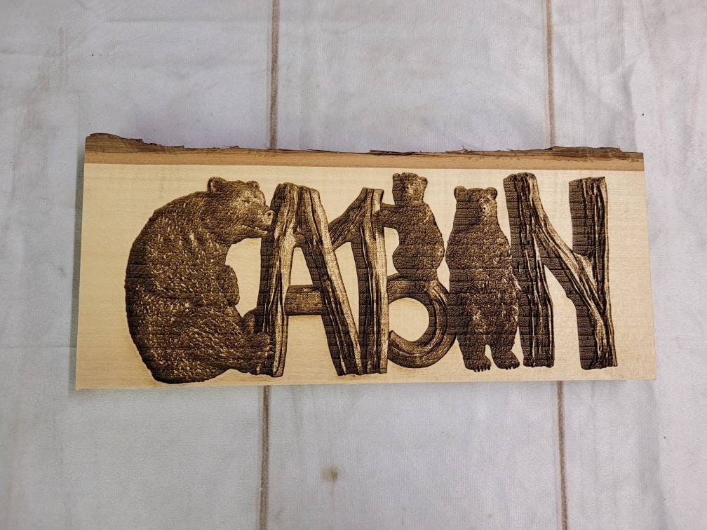Laser Engraved Cabin with Bears Basswood Wall Wood Sign — front view on white background