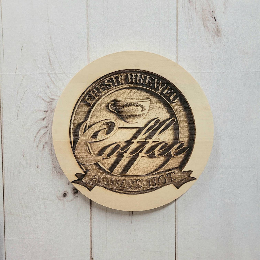 Laser Engraved Coffee Sign Wood Sign — shown on a rustic wall