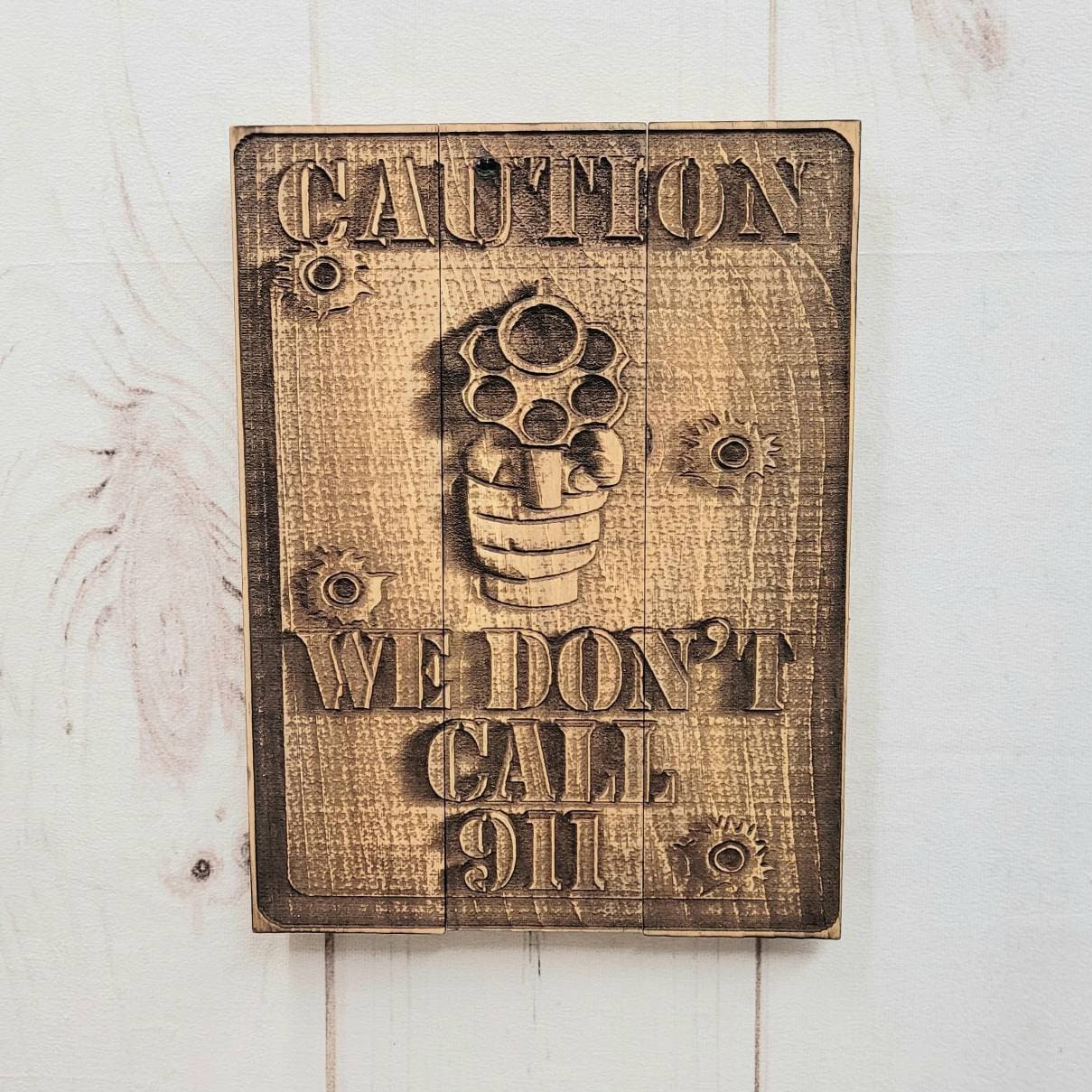 Caution Sign 3D Wood Wall Art Aluminum Sign — shown on a rustic wall