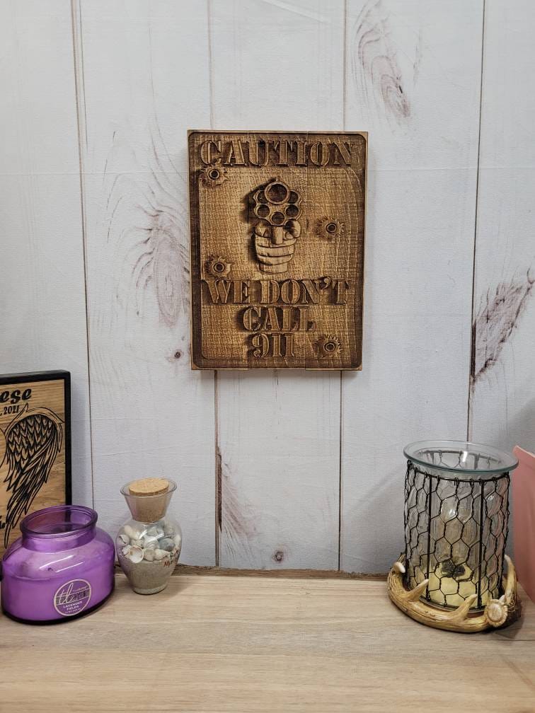 Caution Sign 3D Wood Wall Art Aluminum Sign — detail view