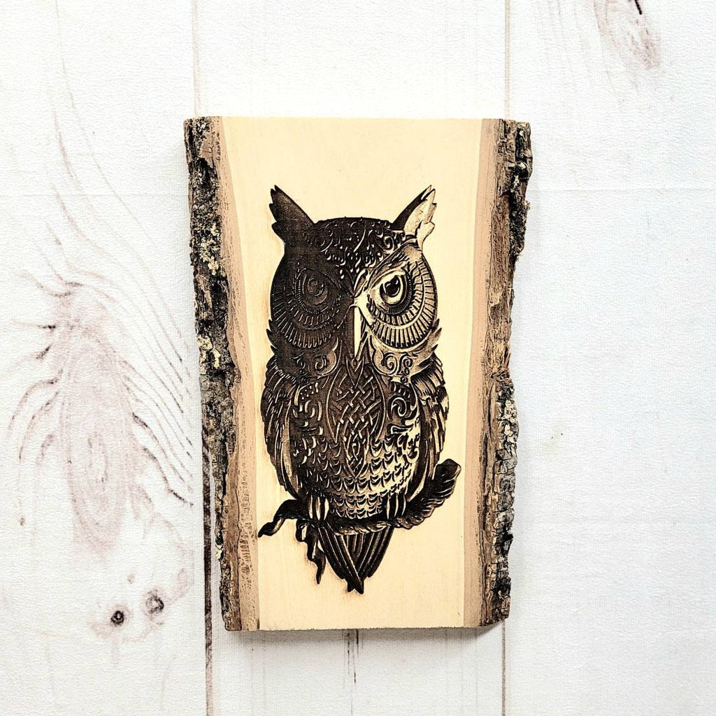 Laser Engraved Owl Wood Art Wood Sign — front view on white background