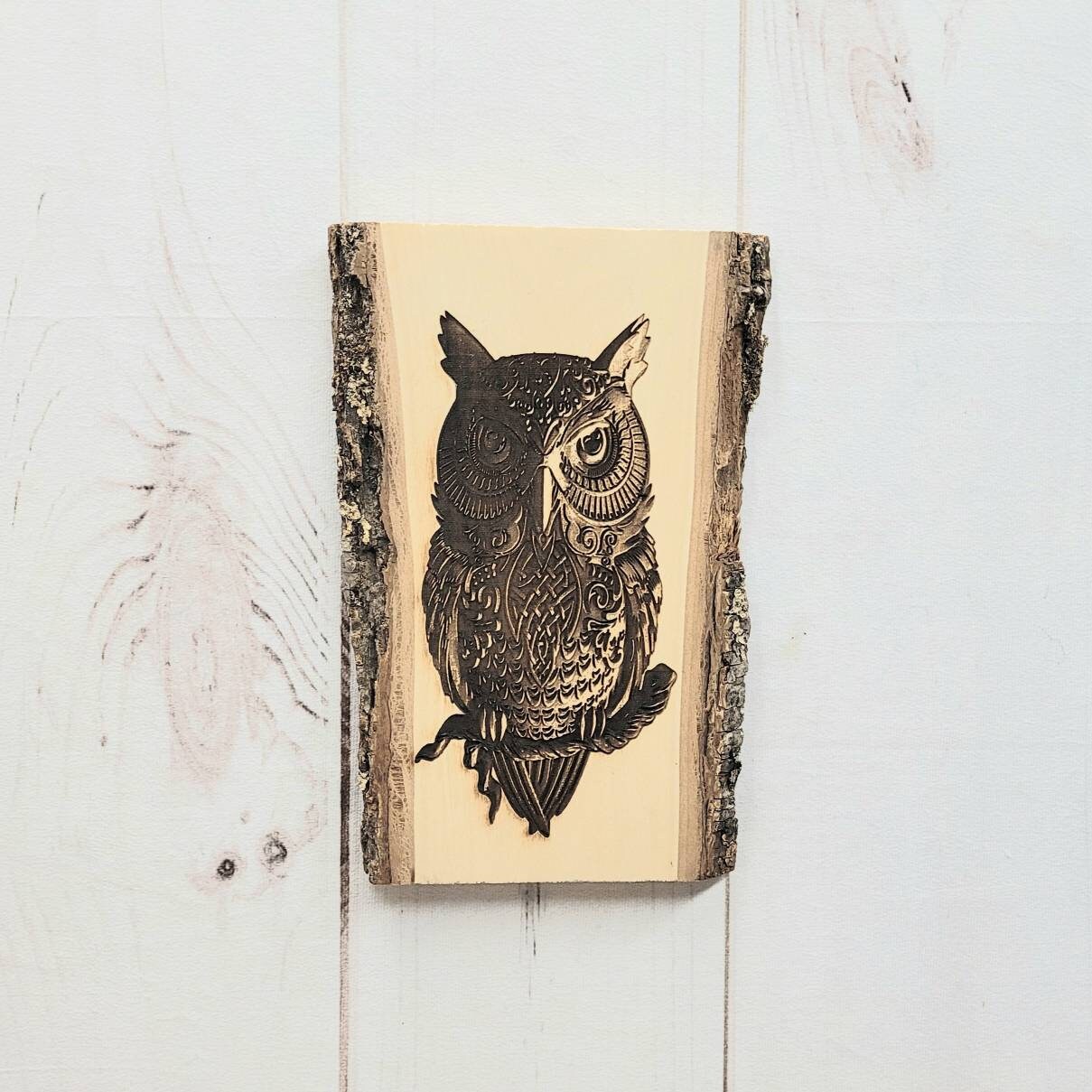 Laser Engraved Owl Wood Art Wood Sign — shown on a rustic wall