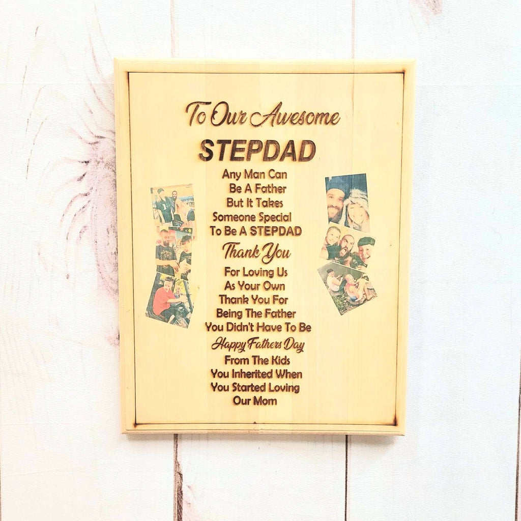 Custom Photo Stepdad Gift Aluminum Sign — shown on a rustic wall