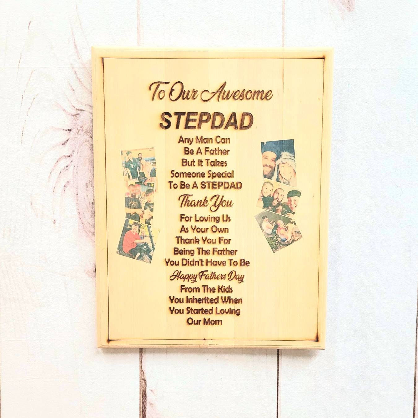 Custom Photo Stepdad Gift Aluminum Sign — shown on a rustic wall