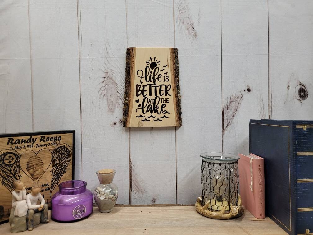 Lake Life Laser Engraved Basswood Sign Wood Sign — shown on a rustic wall