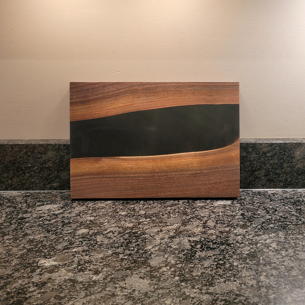 Live Edge Walnut Charcuterie Board: Black Epo Wood Sign — front view on white background