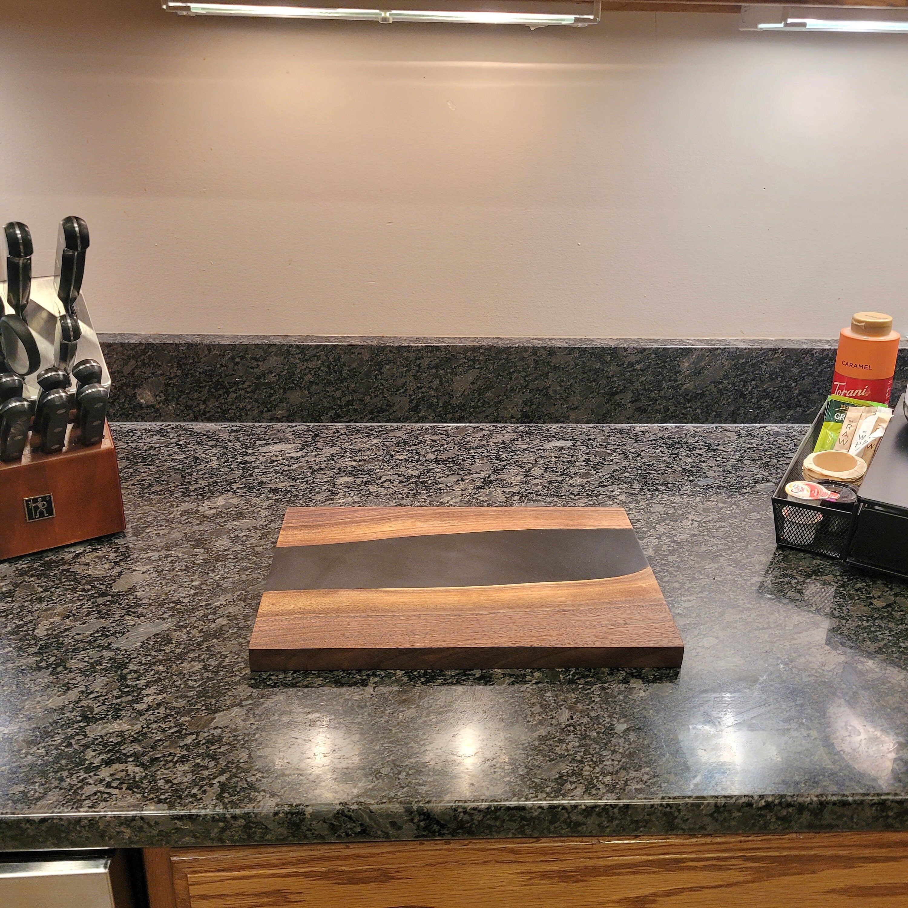 Live Edge Walnut Charcuterie Board: Black Epo Wood Sign — alternate angle