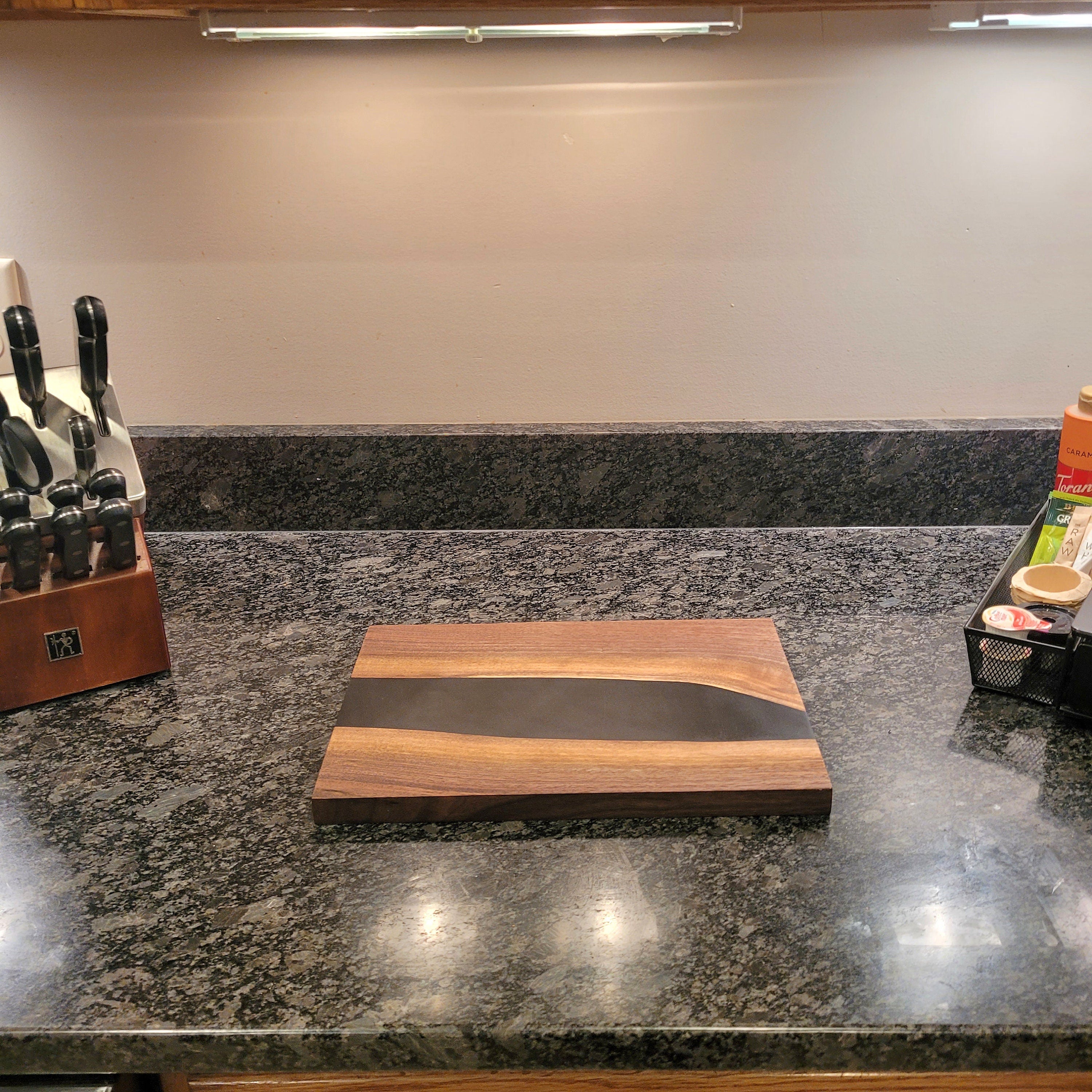 Live Edge Walnut Charcuterie Board: Black Epo Wood Sign — alternate angle