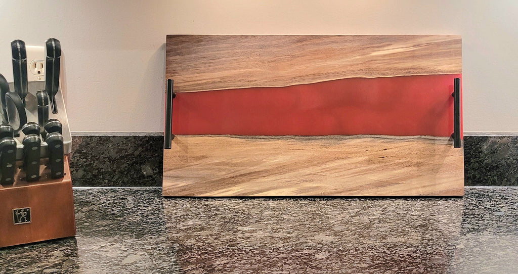 Black Walnut Epoxy River Charcuterie Board Wood Sign — front view on white background