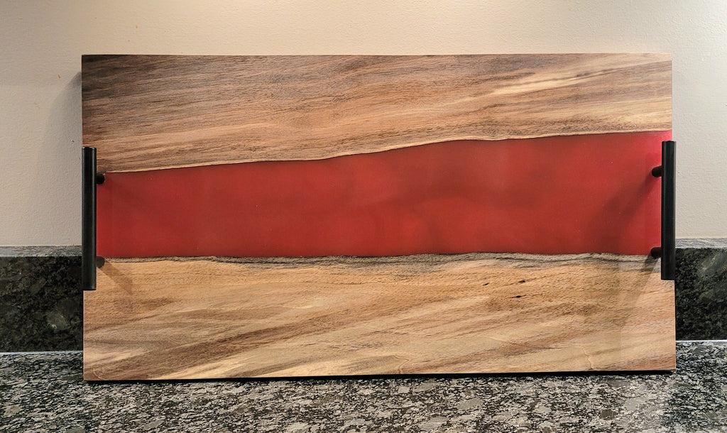 Black Walnut Epoxy River Charcuterie Board Wood Sign — shown on a rustic wall