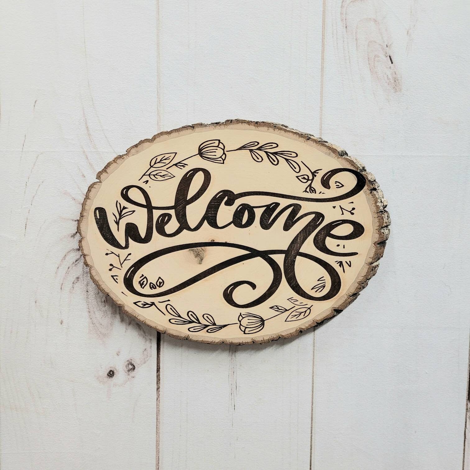 Live Edge Wood Welcome Sign Wood Sign — front view on white background