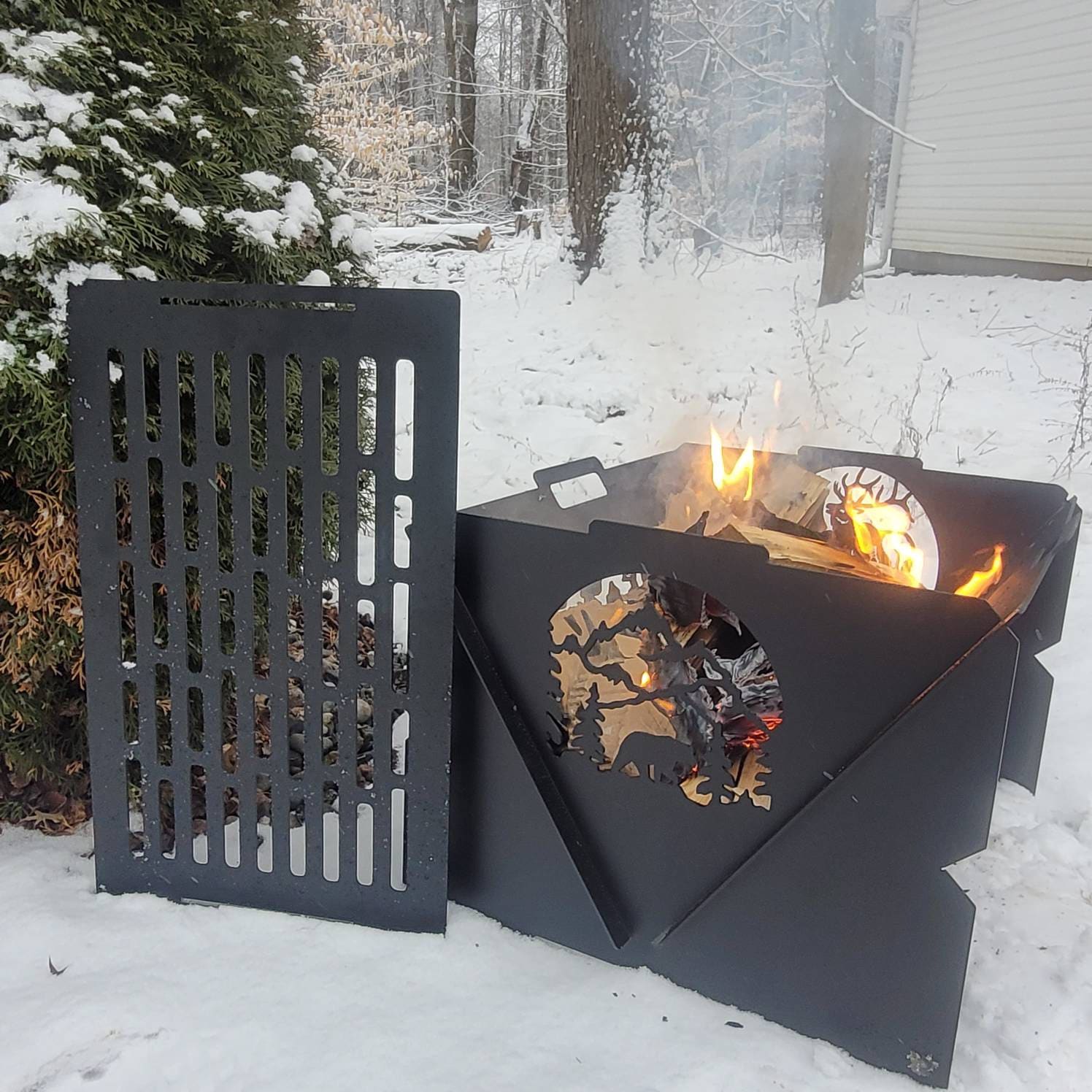 Collapsible Steel Fire Pit: Personalized Gril Aluminum Sign — front view on white background