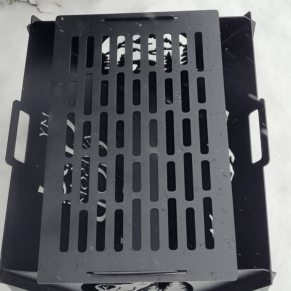 Collapsible Steel Fire Pit: Personalized Gril Aluminum Sign — shown on a rustic wall