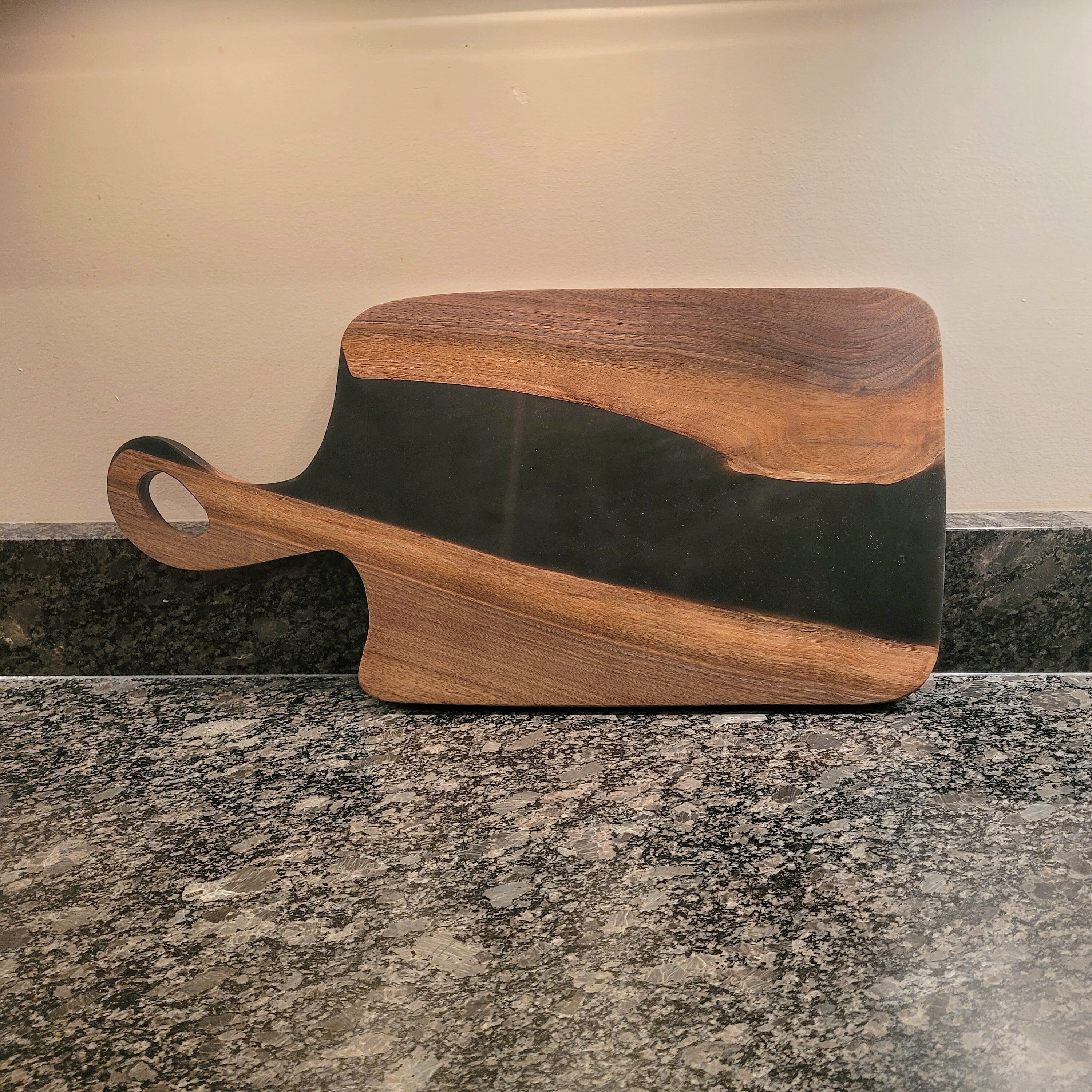 Live Edge Walnut Charcuterie Board: Black Epo Wood Sign — front view on white background