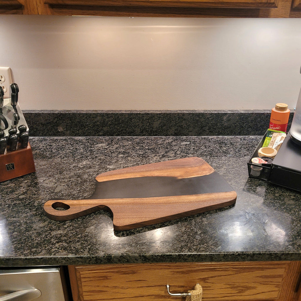 Live Edge Walnut Charcuterie Board: Black Epo Wood Sign — detail view