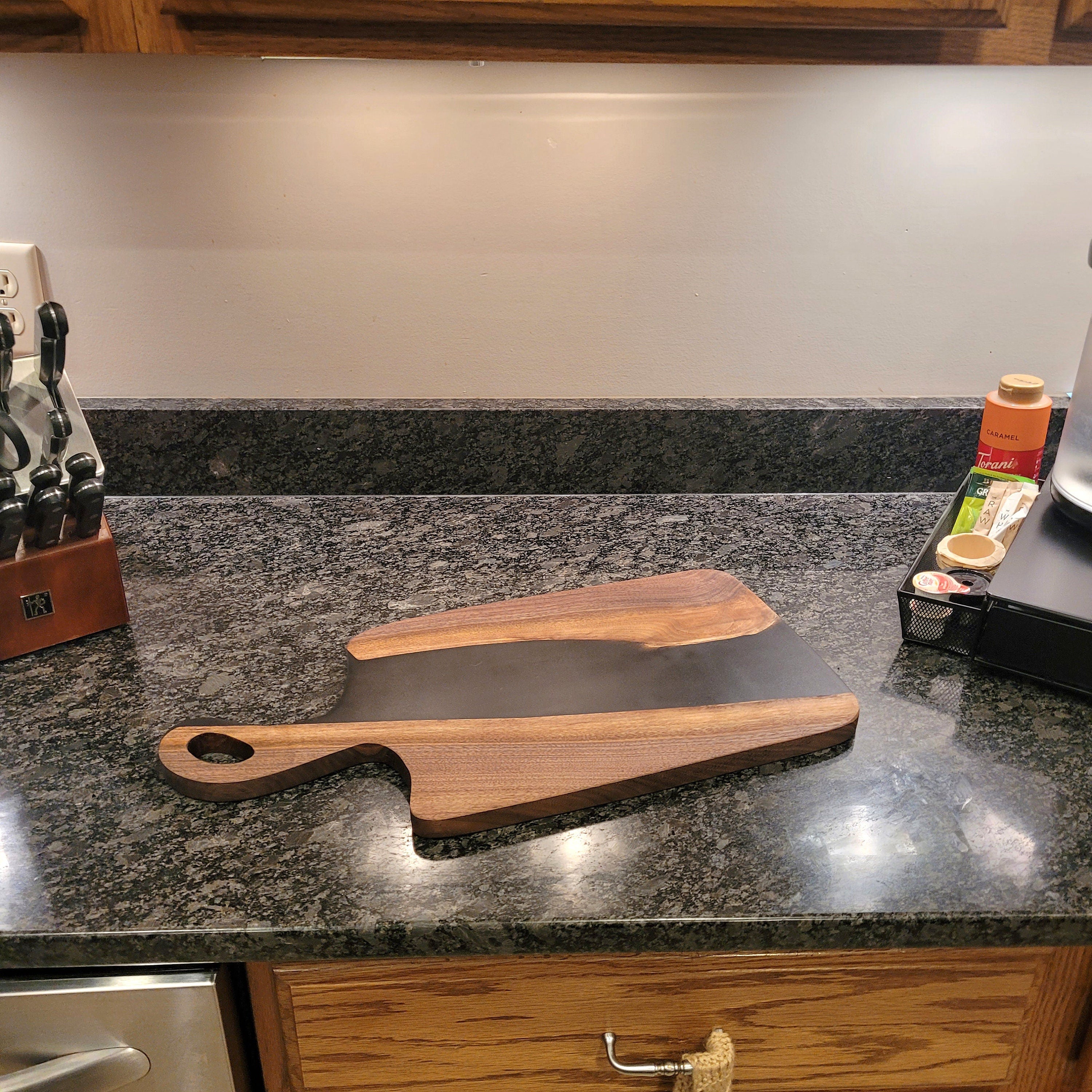 Live Edge Walnut Charcuterie Board: Black Epo Wood Sign — detail view