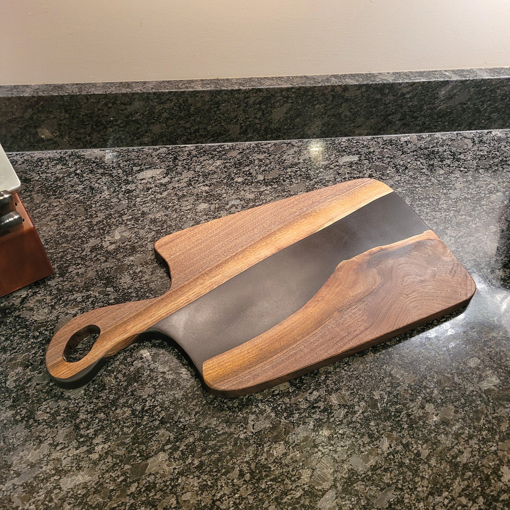 Live Edge Walnut Charcuterie Board: Black Epo Wood Sign — alternate angle