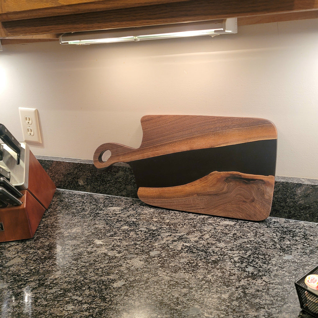 Live Edge Walnut Charcuterie Board: Black Epo Wood Sign — alternate angle