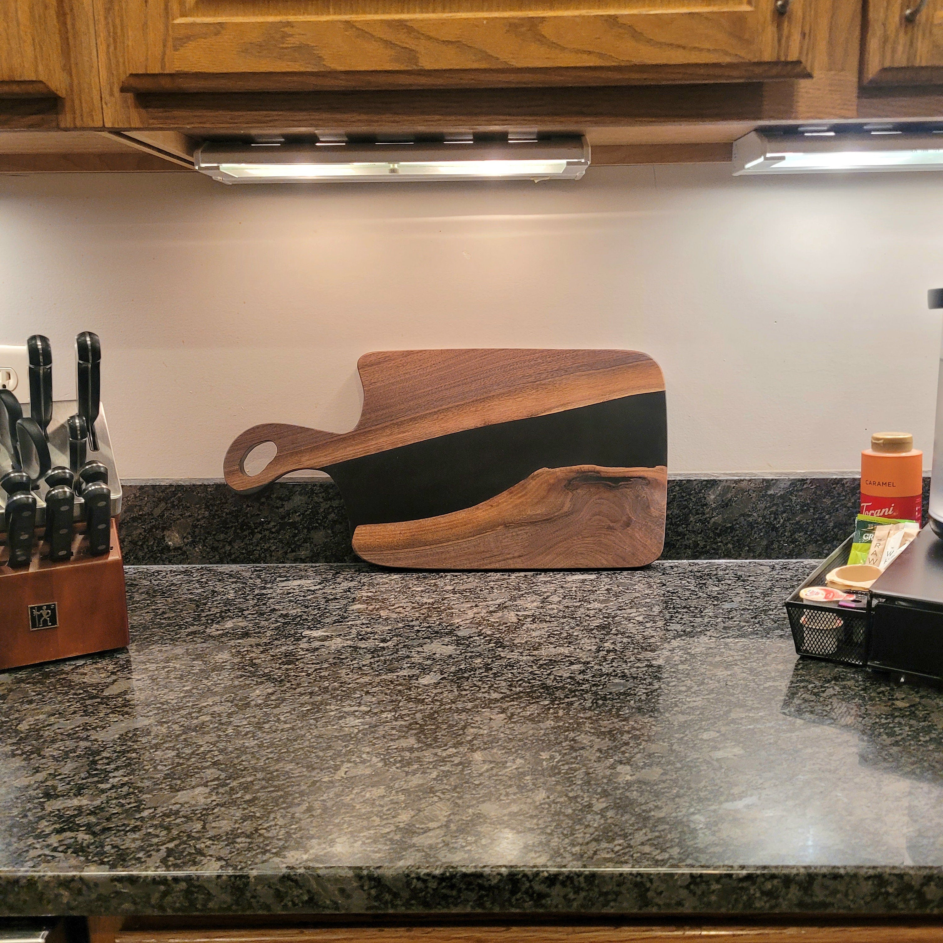 Live Edge Walnut Charcuterie Board: Black Epo Wood Sign — alternate angle