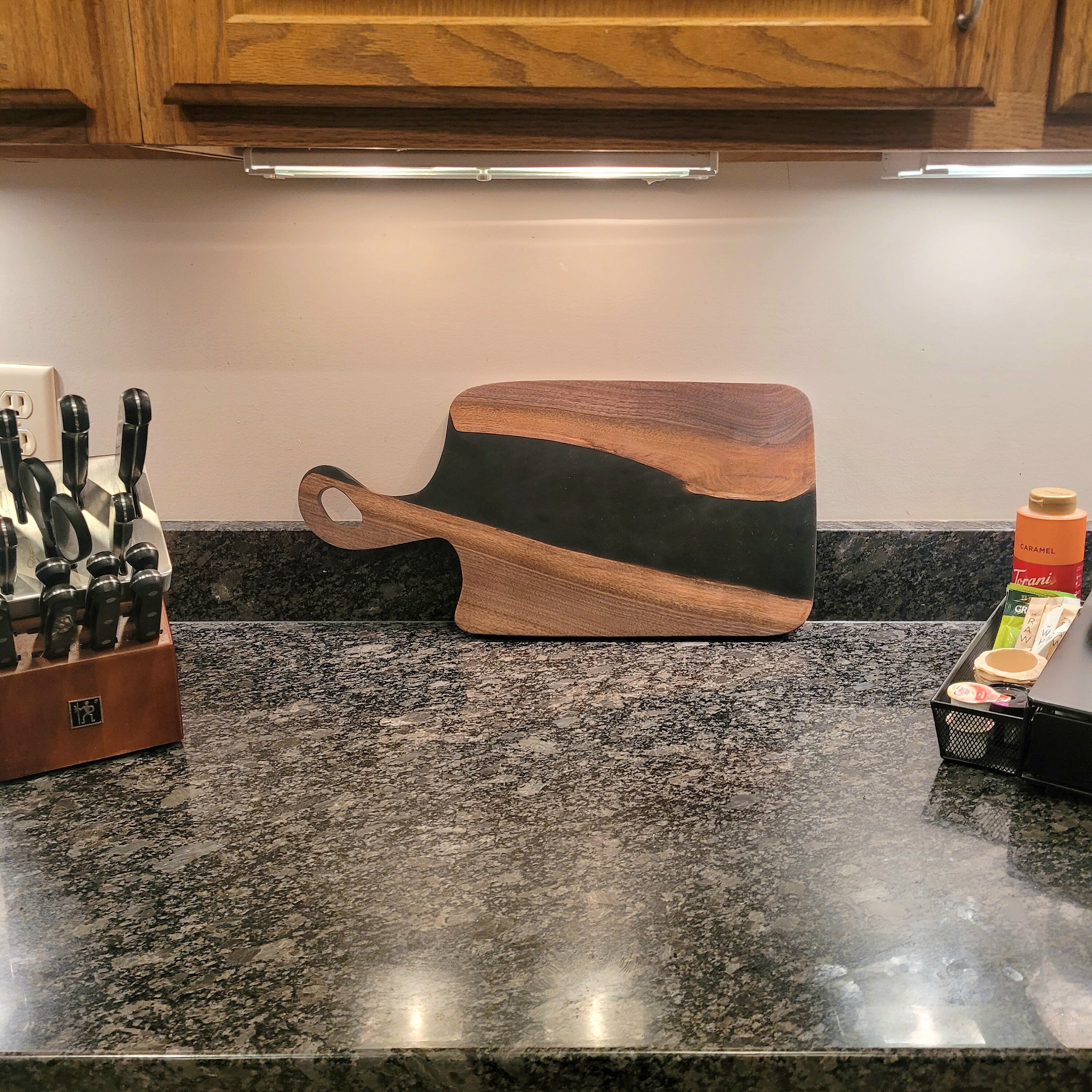 Live Edge Walnut Charcuterie Board: Black Epo Wood Sign — alternate angle