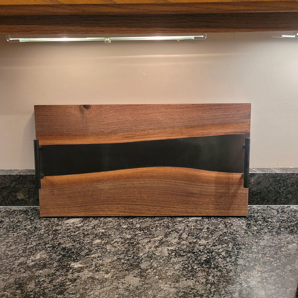 Black walnut epoxy river charcuterie serving  Wood Sign — shown on a rustic wall