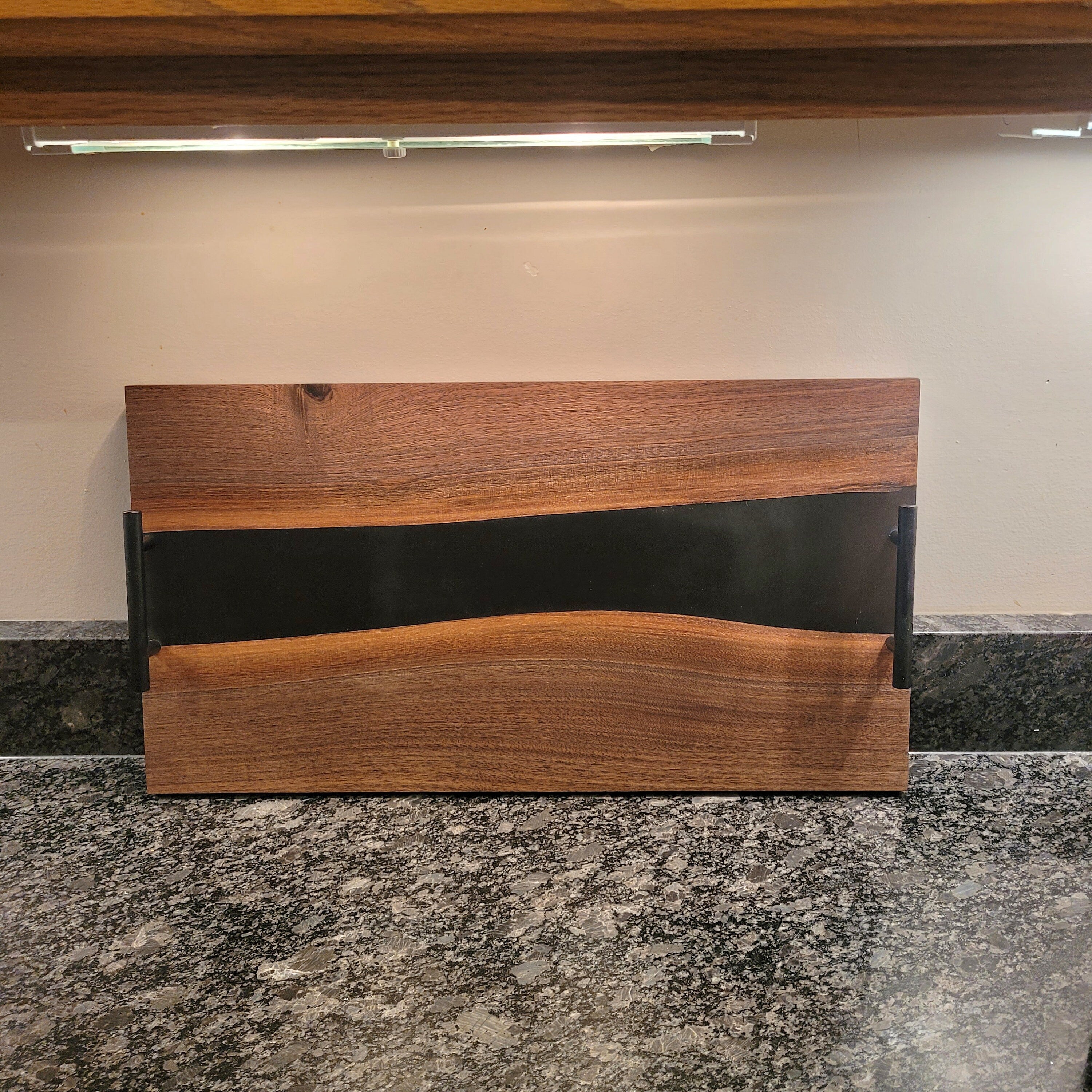Black walnut epoxy river charcuterie serving  Wood Sign — shown on a rustic wall